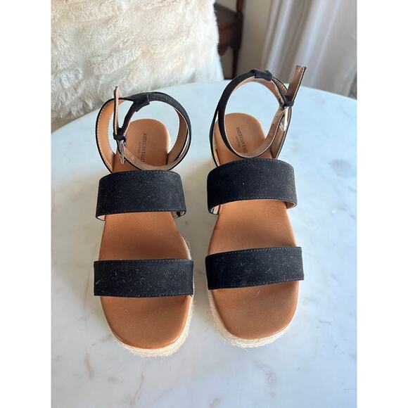 NWOT American Eagle Black Suede Chunky Jute Platform Wedge Sandals - Picture 4 of 8